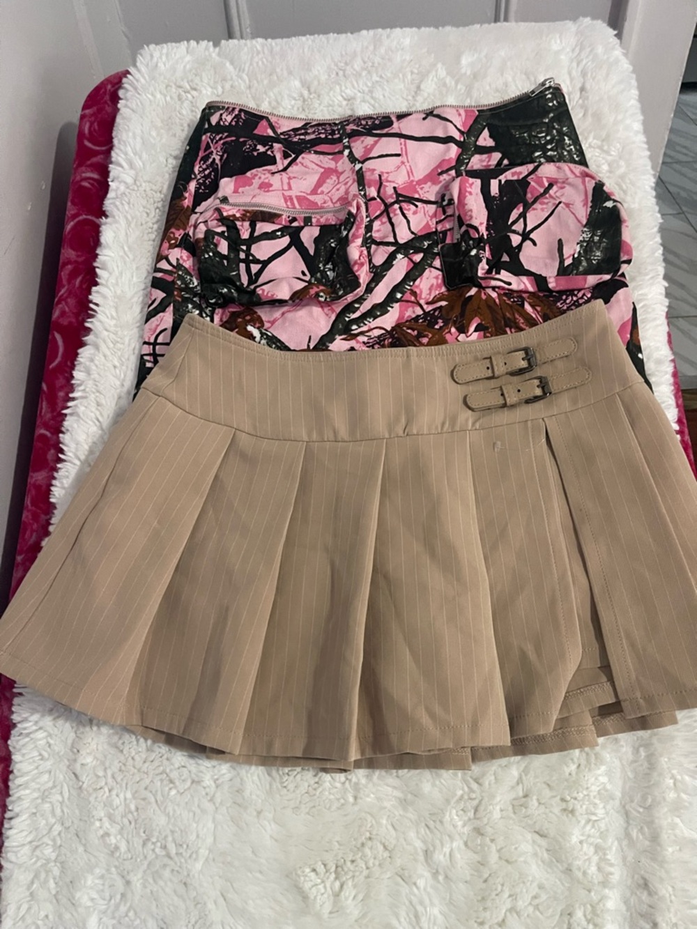 iris Beige Pinstripe Pleated Mini Skirt with Buckle Detail